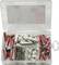 A plastic box with red and white wall plugs and screws in different compartments for organising fixing materials.