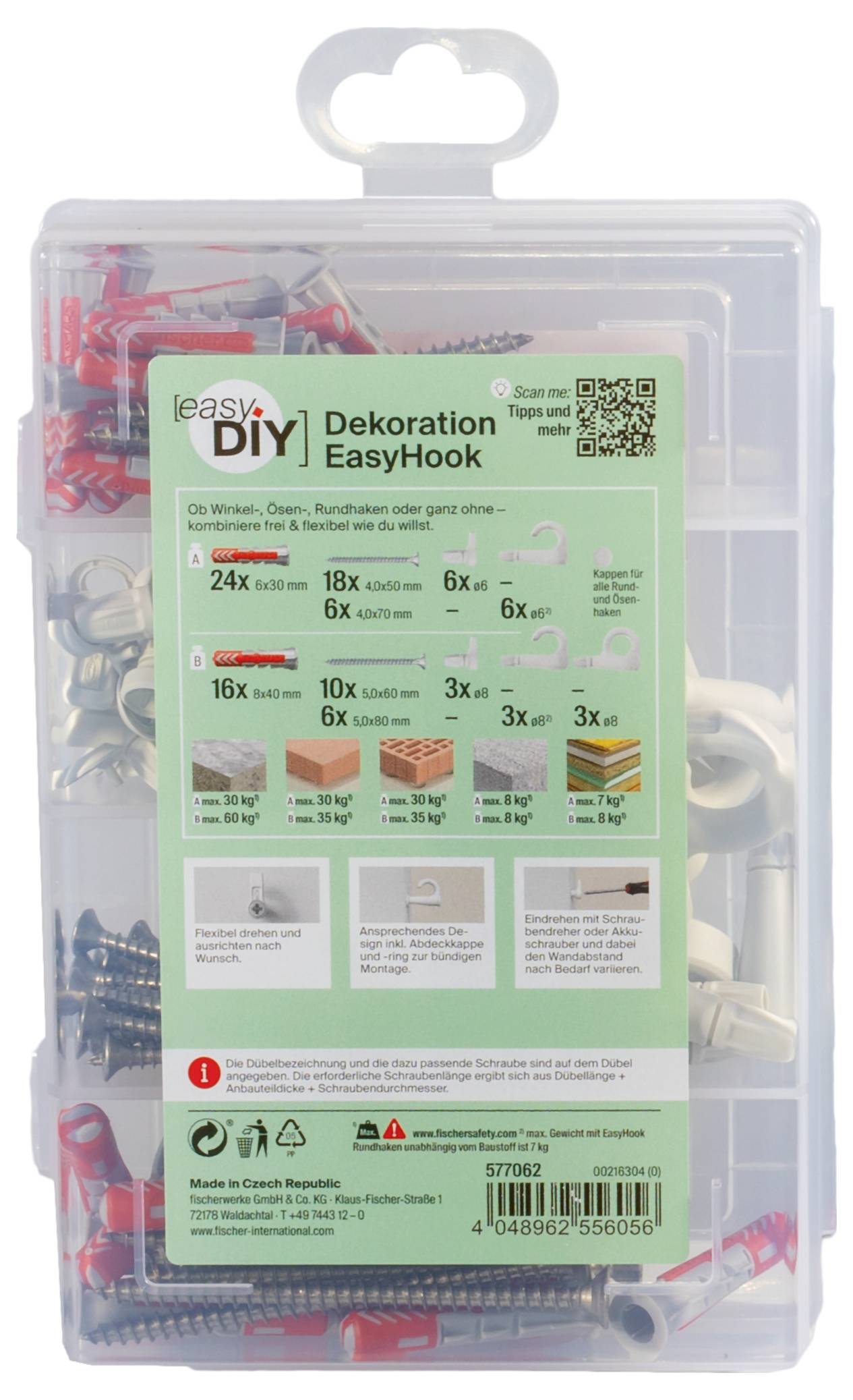 A plastic box containing a variety of screws and wall plugs for decorative purposes ('Decoration EasyHook'). Includes instructions and symbols for different wall types.