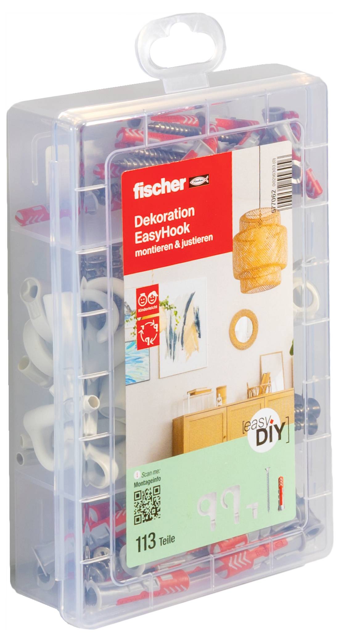 Plastic box with screws and wall plugs. Contains 24 pcs. (6x40 mm) wall plugs, 18 pcs. (6x60 mm), 16x28 mm screw hooks, 6x37 mm etc.