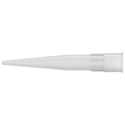 White tapered plastic pipette tip with a wide base and narrow pointed end, shown on a plain white background.