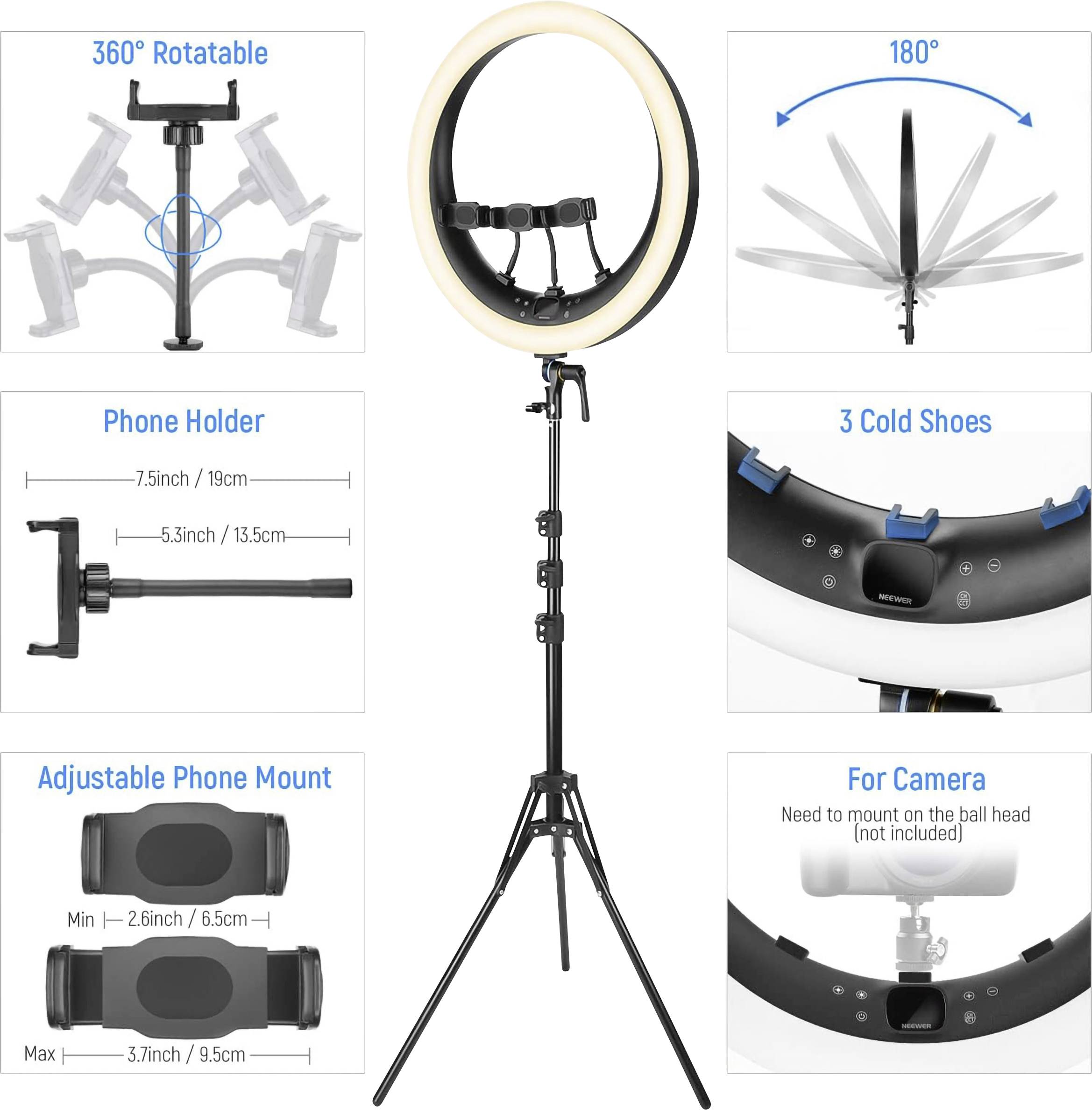 Ring light tripod with triple cold shoe mount, 360-degree rotatable head, 180-degree tilt, adjustable mobile phone holder, and camera adapter.