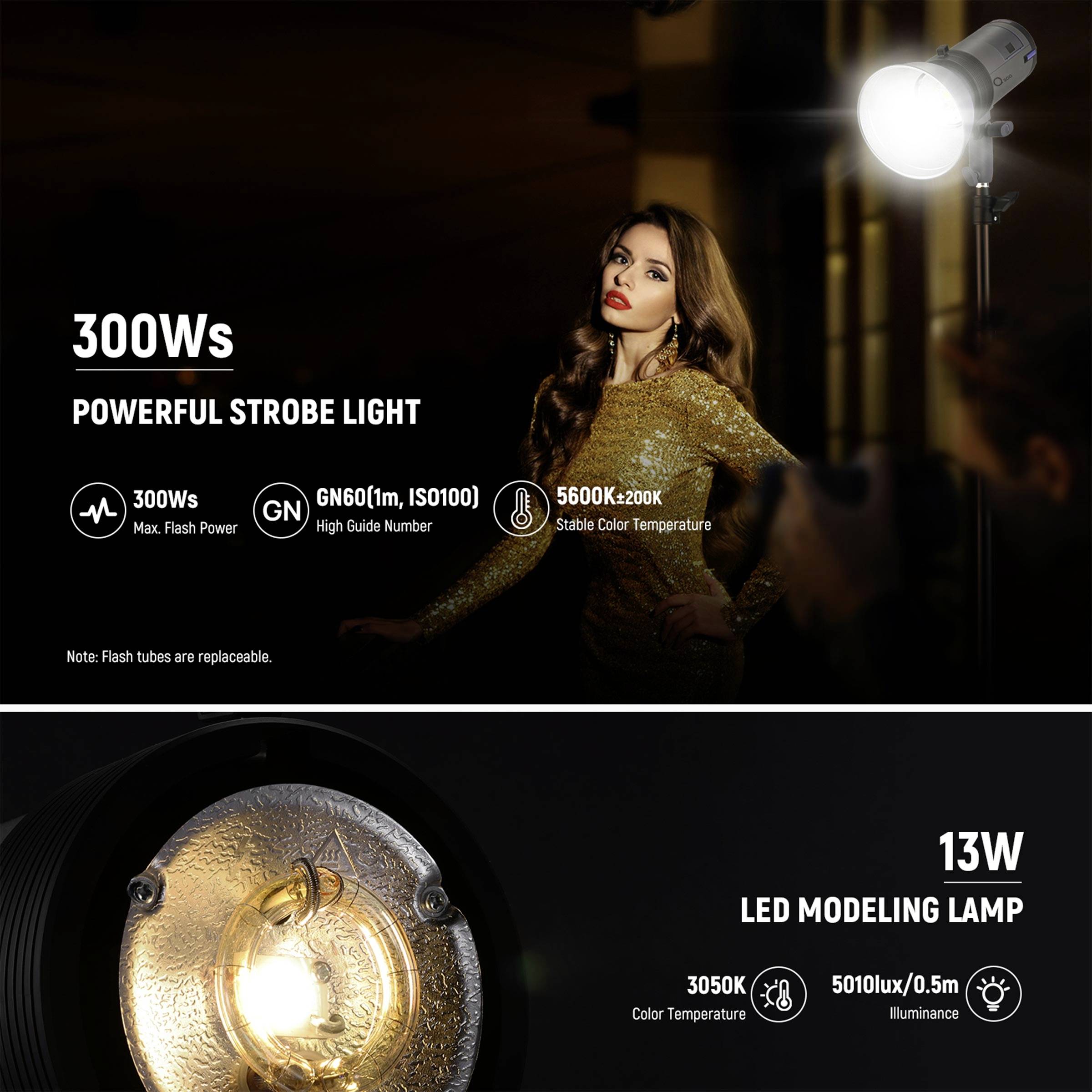 Woman in glamorous outfit in front of camera flash. The text describes a flash with 300Ws and a modelling lamp with 13W. Ideal for photography.