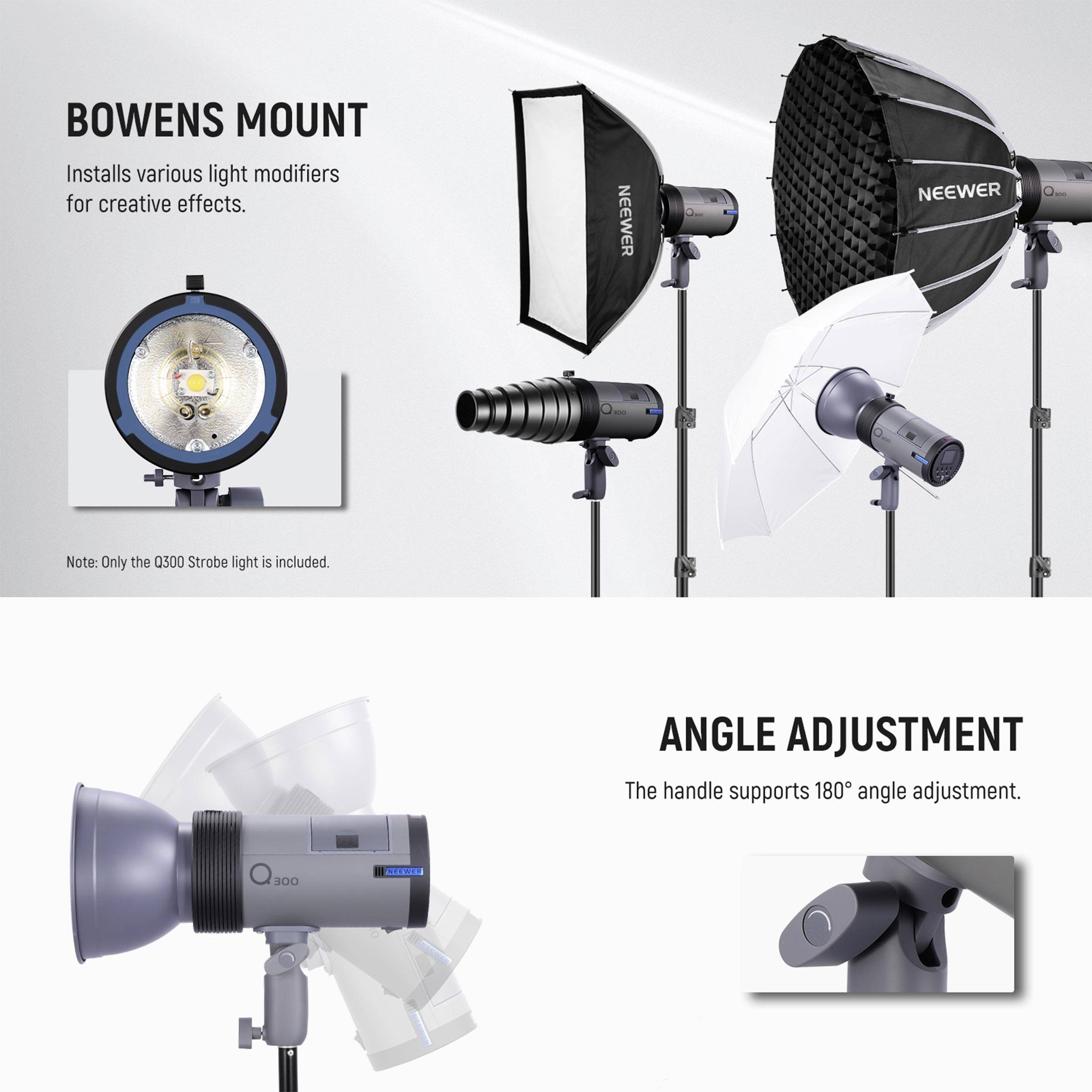 'Bowens Mount' lighting system with 180-degree adjustability. The illustration shows various modifiers and light adaptation.