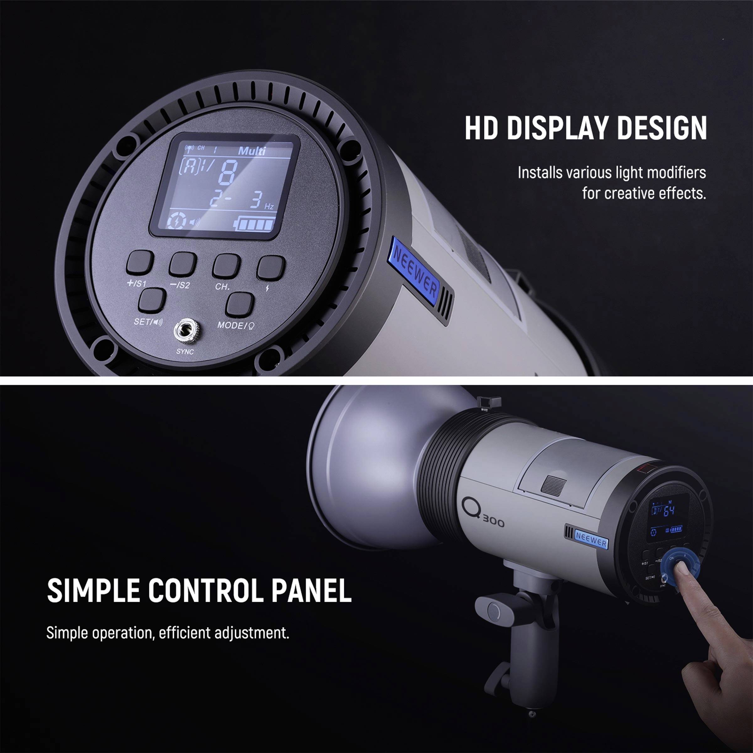 'Studio flash unit with HD display design, supporting light modifiers for creative effects. Simple operation with clear control panel.'
