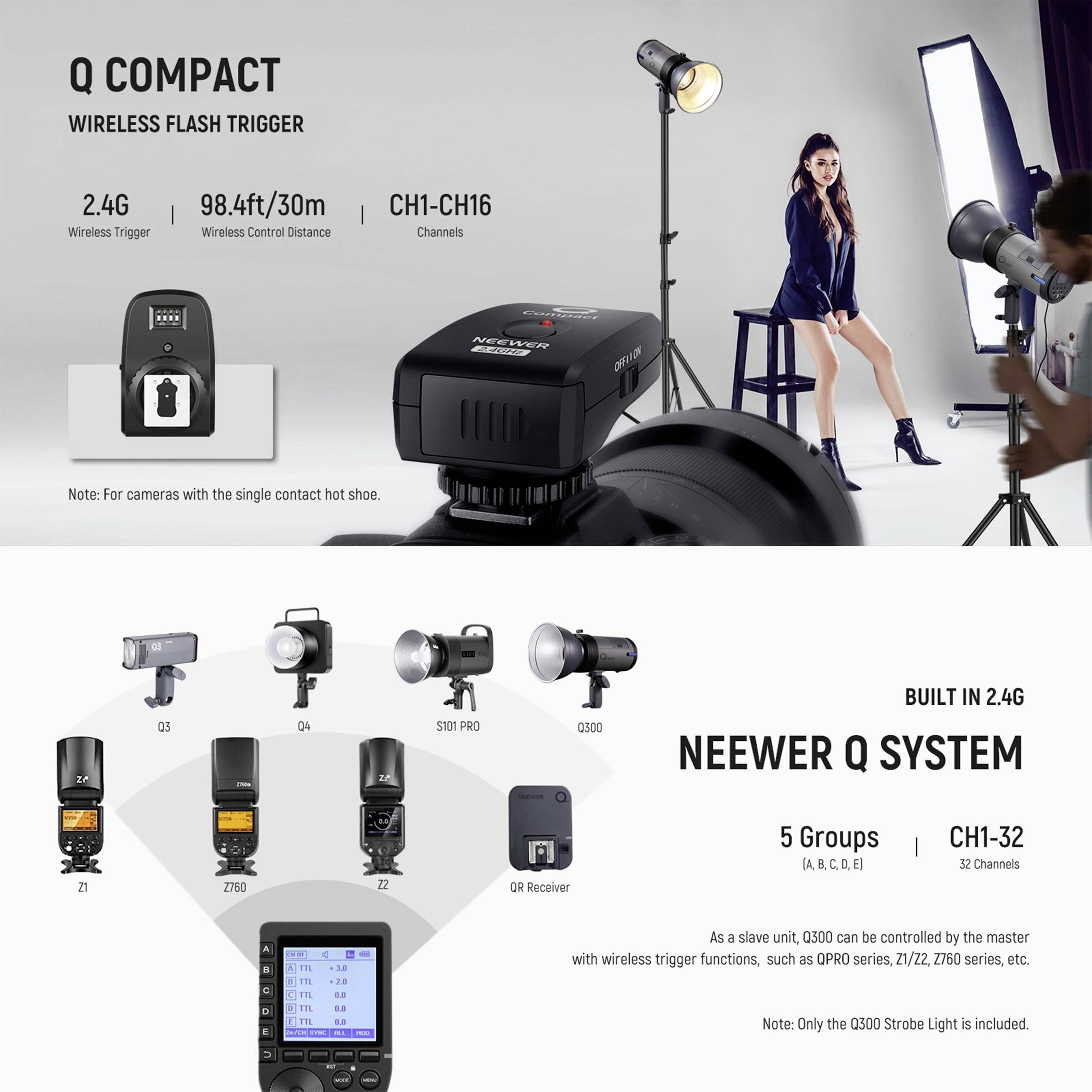 'Q Compact Wireless Flash Trigger' by Neewer with 2.4G, 98ft/30m range, 16 channels. Compatible with cameras with single-contact hotshoe.