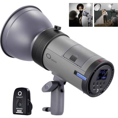 'Neewer Q300 Professional Photography Studio Flash Unit' with display and controls. Two photos demonstrate its application during a photoshoot.