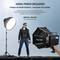 'Man stands before photographic light wearing a leather jacket and sunglasses. Text: 400Ws Power Unleashed. Product Neewer O4 for Outdoor Photography.'