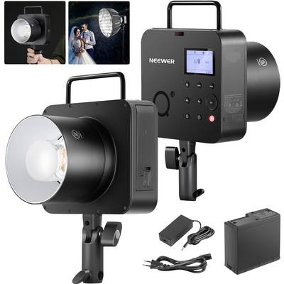 Two studio flashes by Neewer, one with a glowing bulb, the other with a digital display. Accessories such as cables and battery are placed beside them.