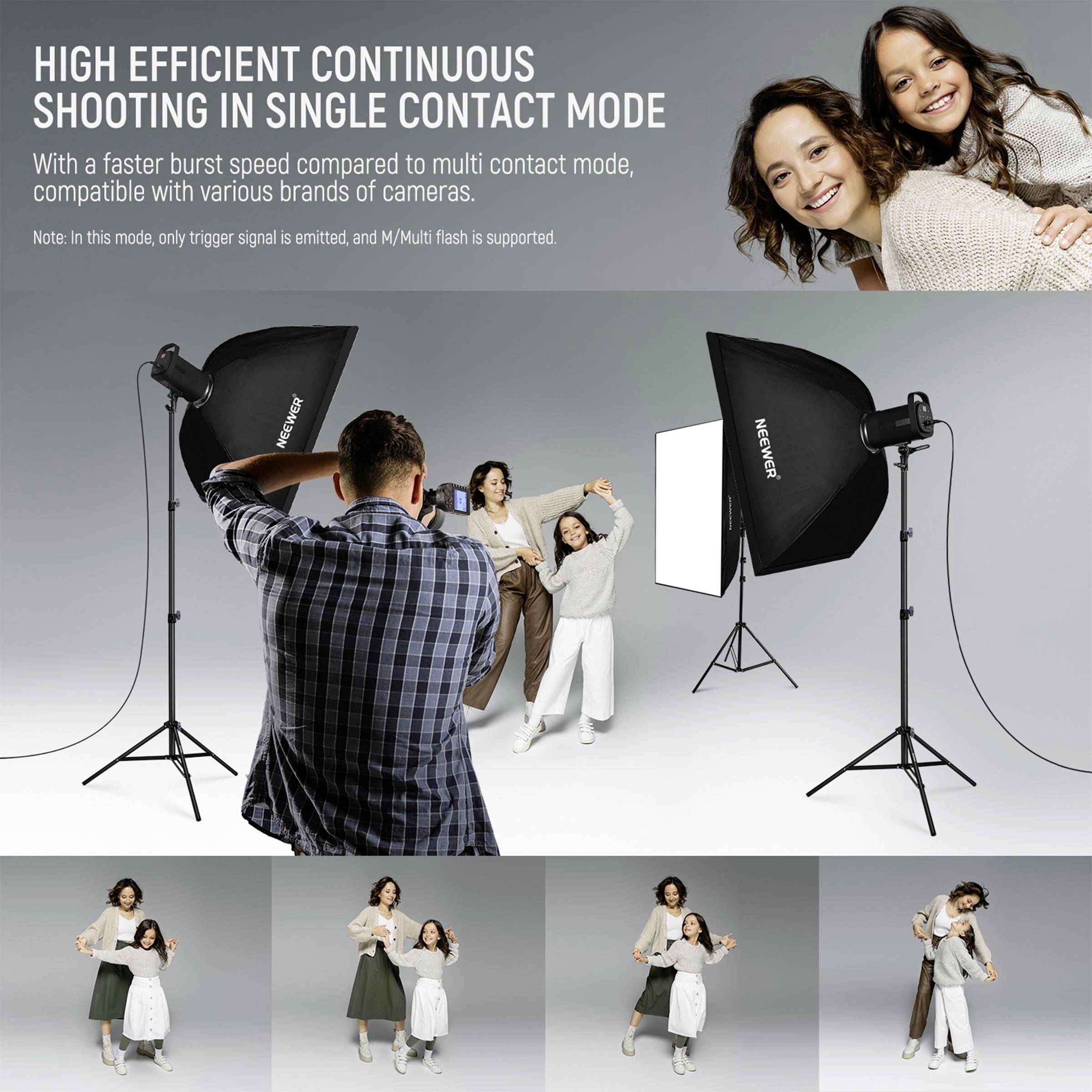 A photographer takes photographs in a studio with two models. Two lights, a camera, and various poses are shown.