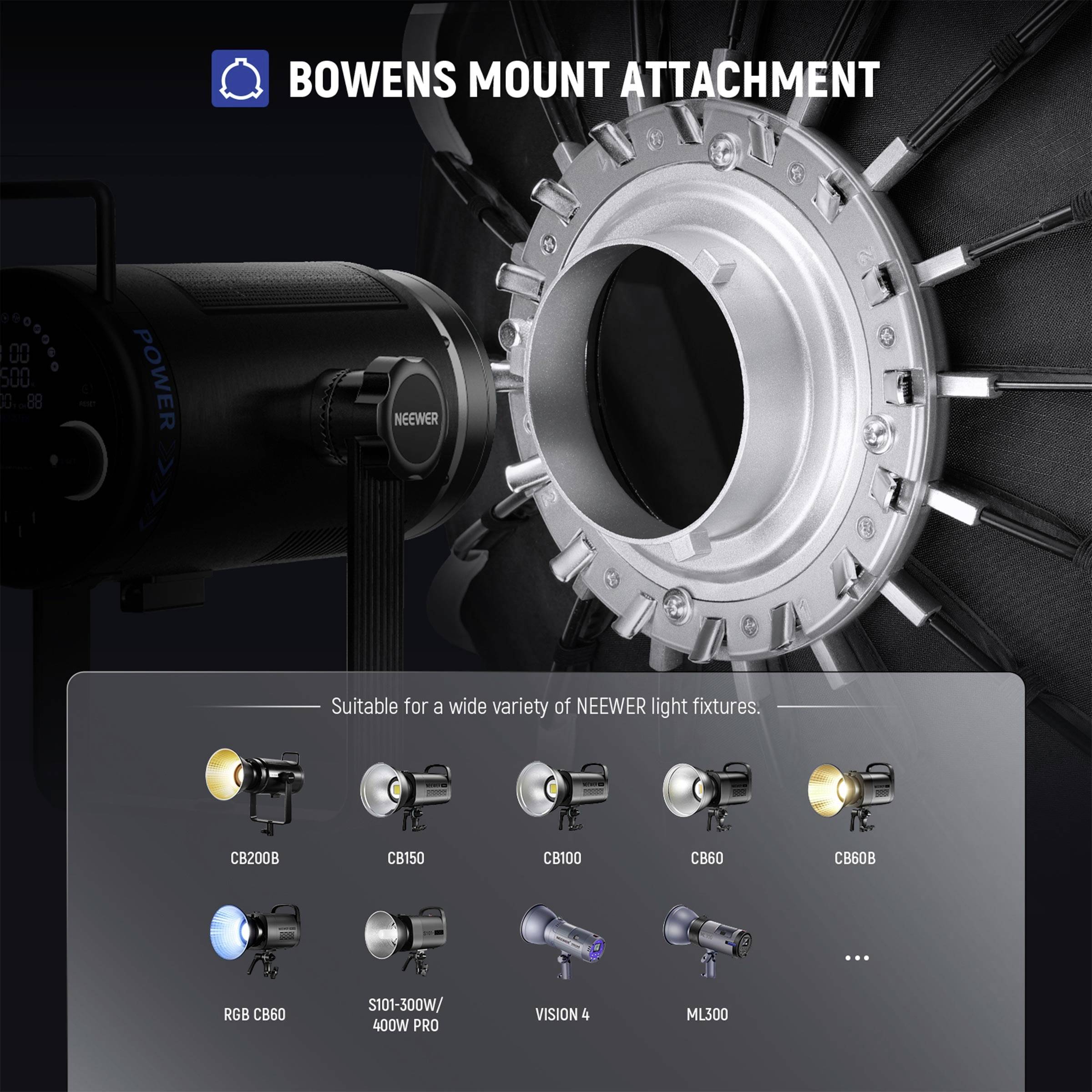 Bowen's mount connection on a studio light, compatible with various NEEWER light models, demonstrates versatile application possibilities.