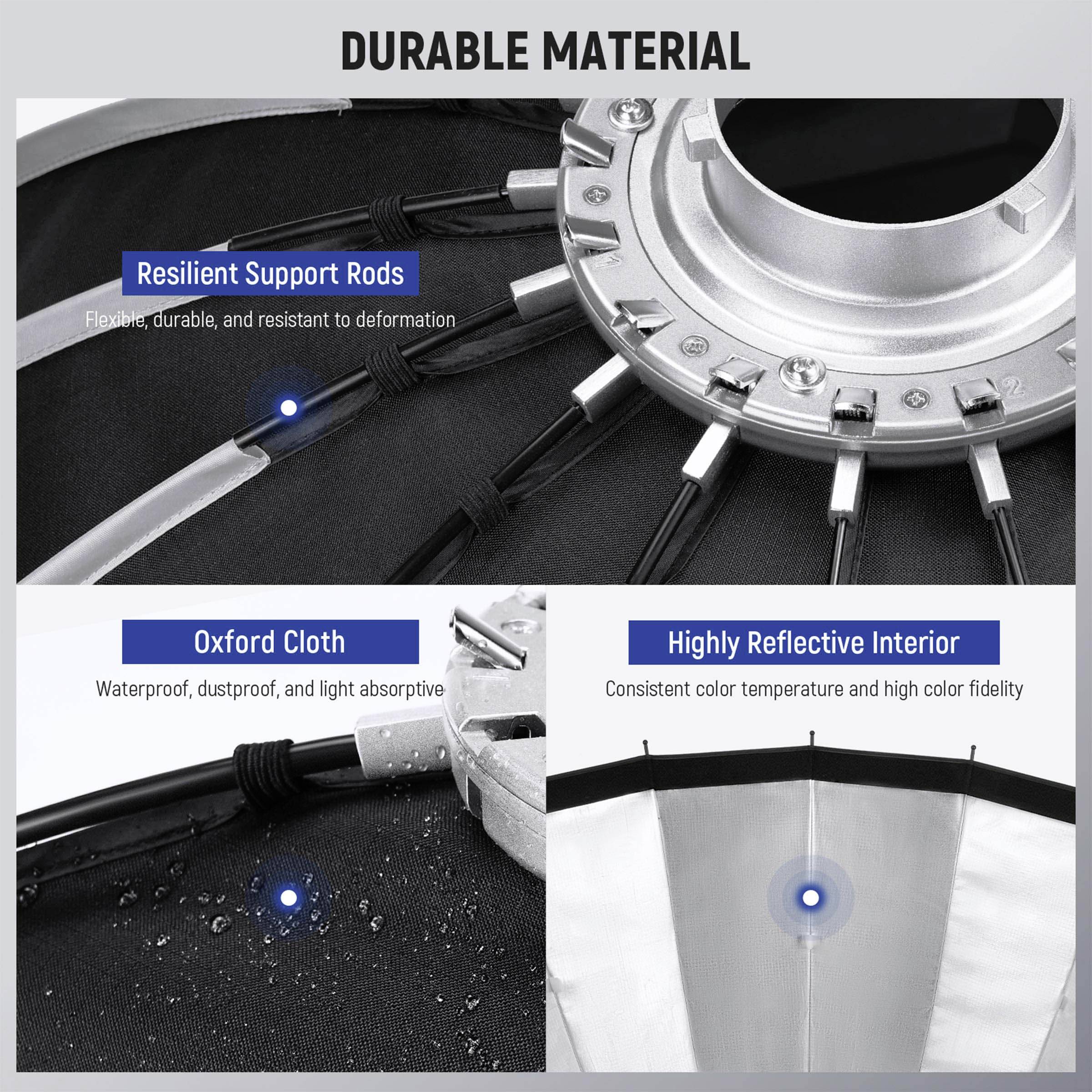 'Hardwearing Material': Robust support poles, water-resistant Oxford fabric, lightweight; Interior highly reflective, constant colour temperature.