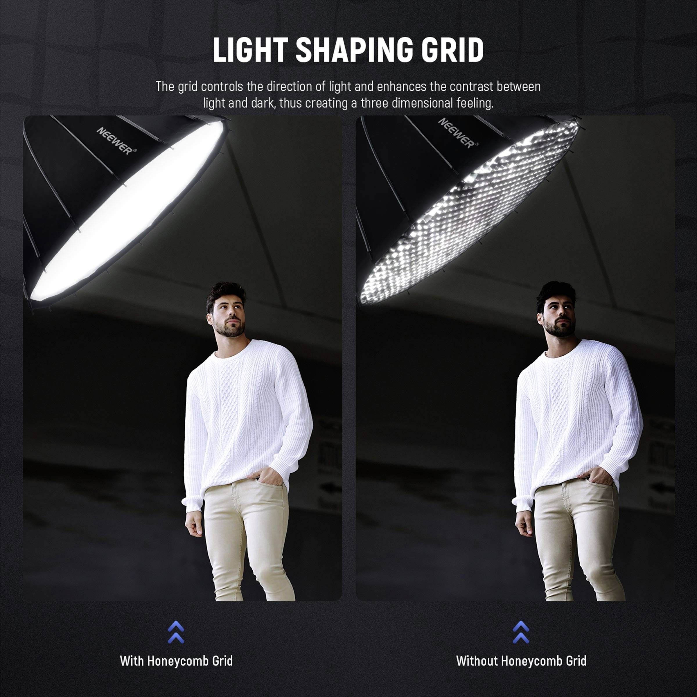 'Light Shaping Grid' shows a portrait on the left with even lighting thanks to a honeycomb grid, on the right without a grid with less contrast.