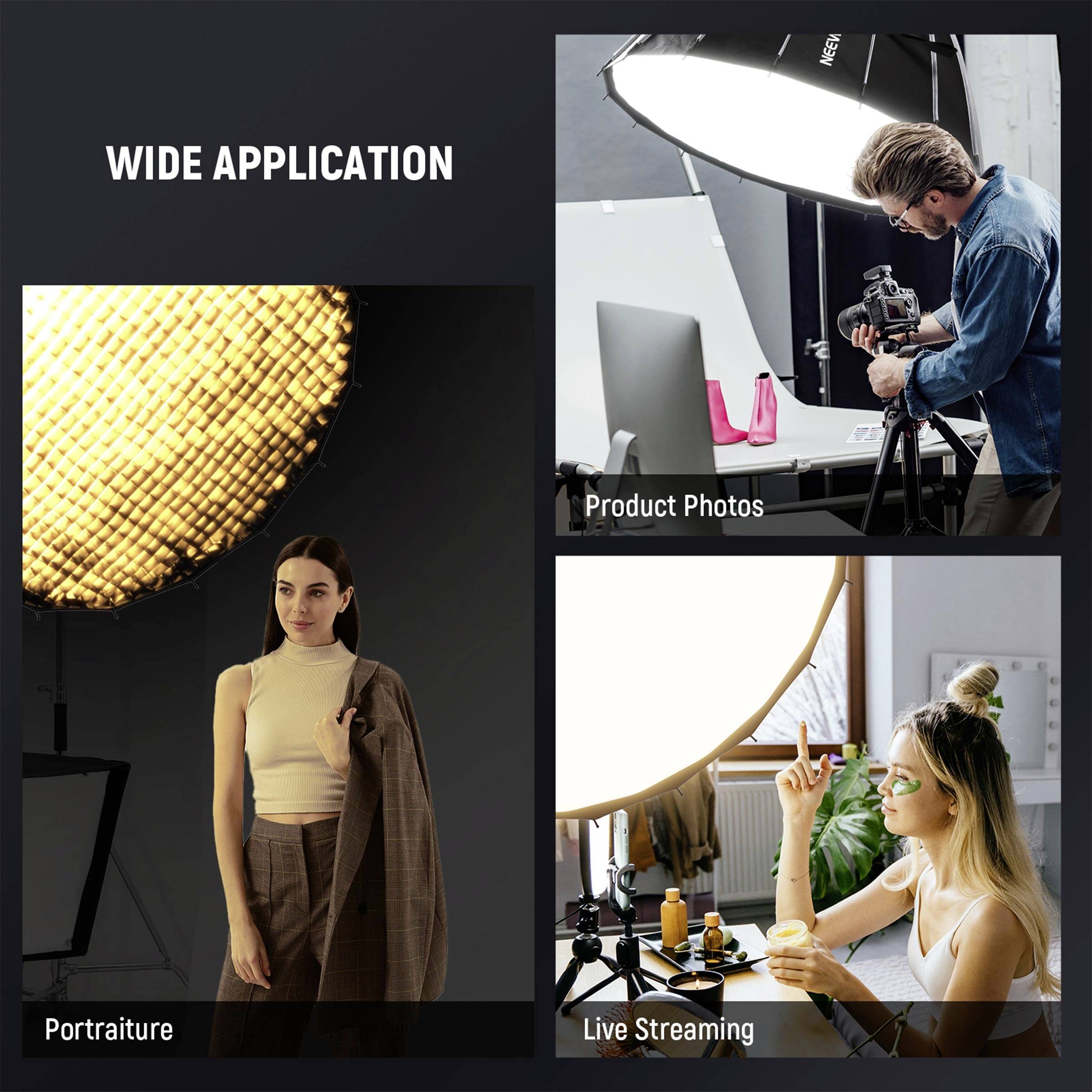 'Broad Application': Three Scenes Demonstrate Studio Lighting for 'Product Photography', 'Portrait' and 'Live Streaming'.