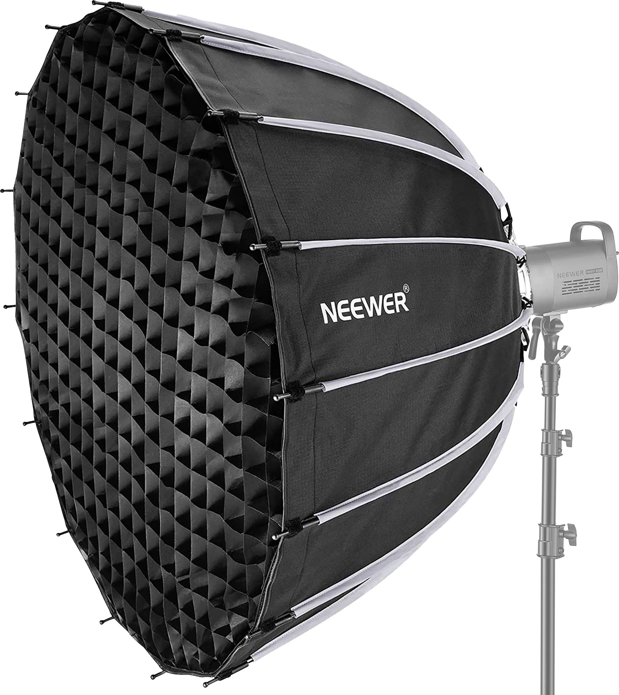 'Neewer' light diffuser with honeycomb grid mounted on a stand, suitable for photography studio shoots.