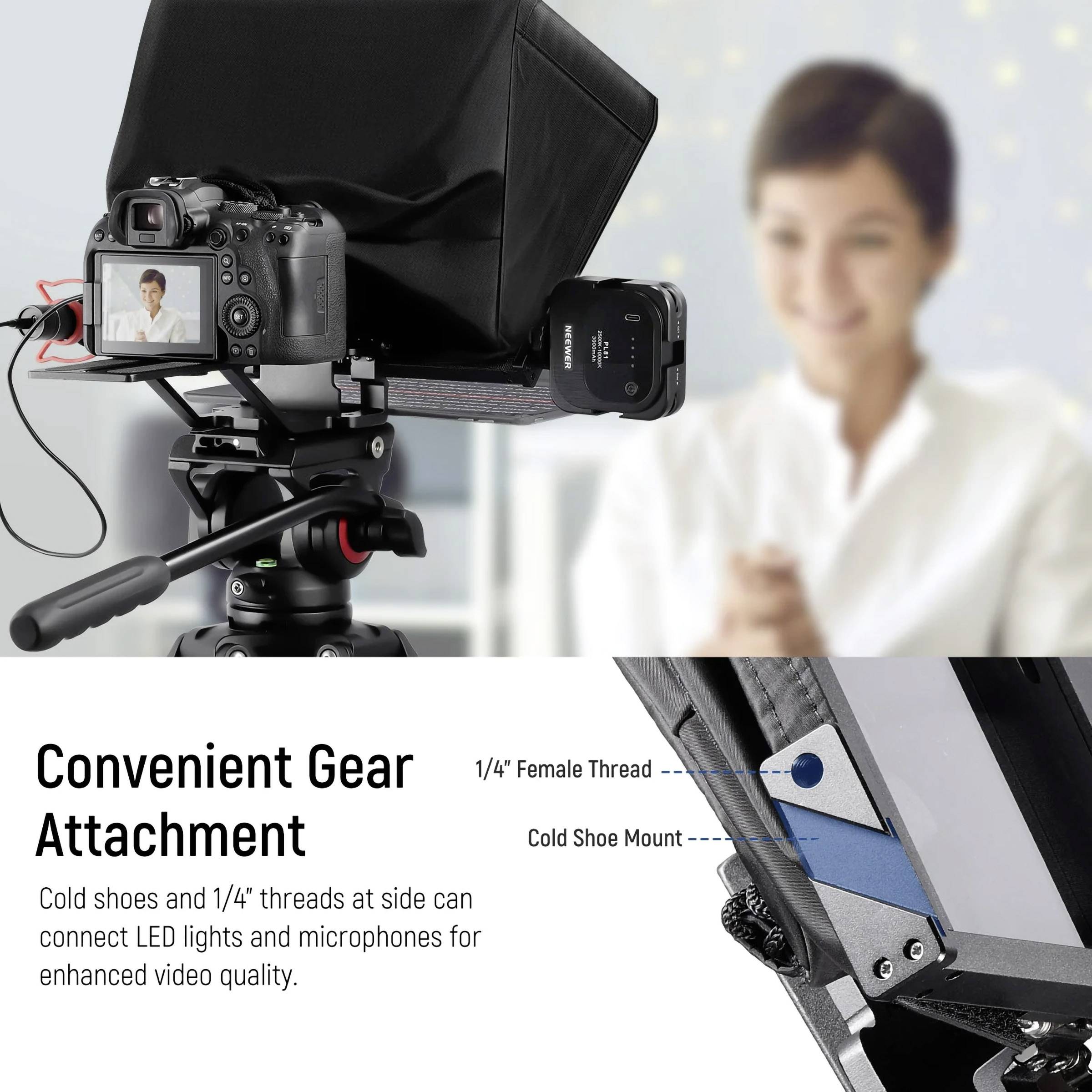 A camera with microphone and black protective cover mounted on a tripod. Text: 'Convenient Gear Attachment' and mounting information. Indistinct person in the background.