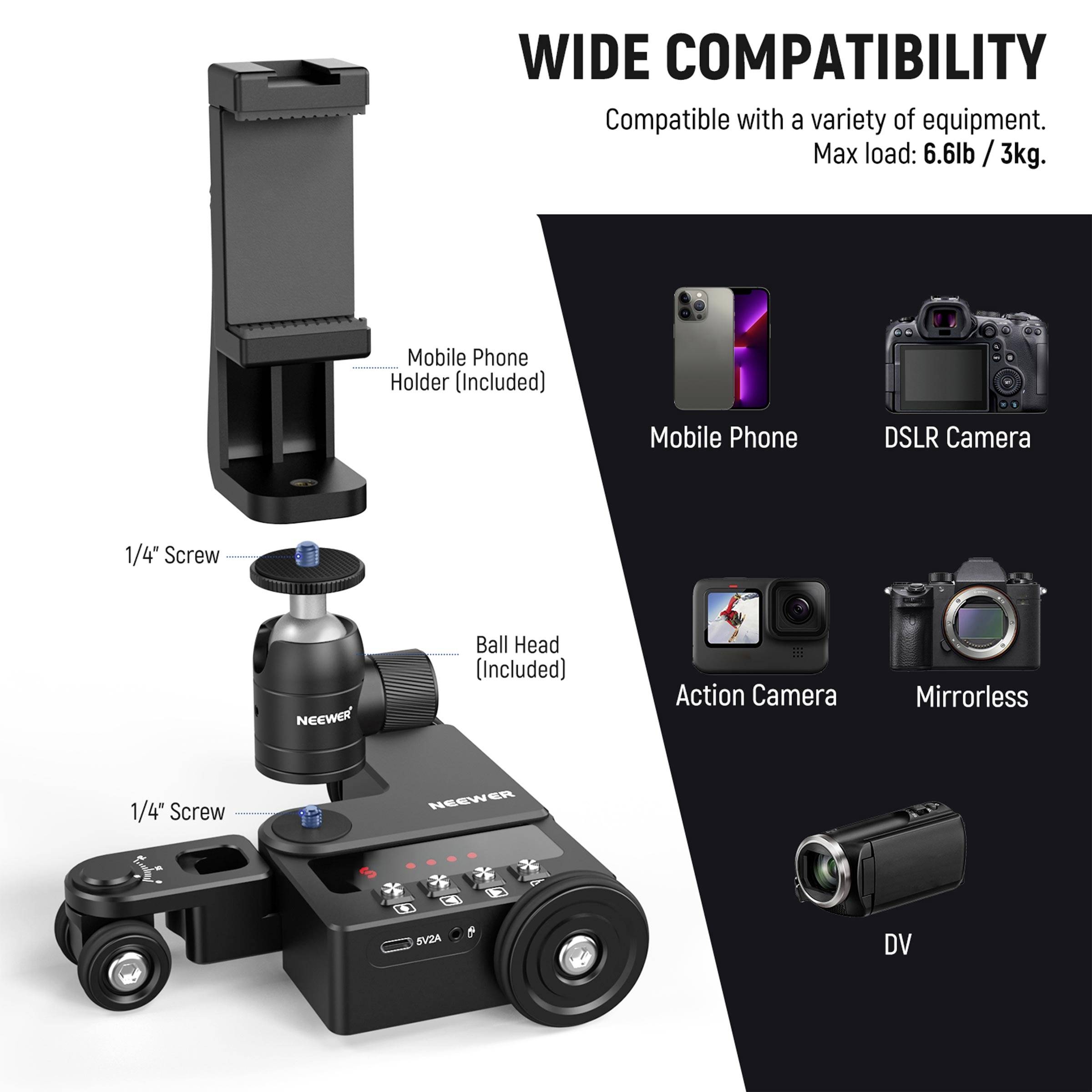 Broad Compatibility: Compatible with various devices. Maximum load capacity: 3 kg. Supports mobile phones, DSLR, action cameras, mirrorless cameras, and camcorders. Includes mobile phone holder and ball head.