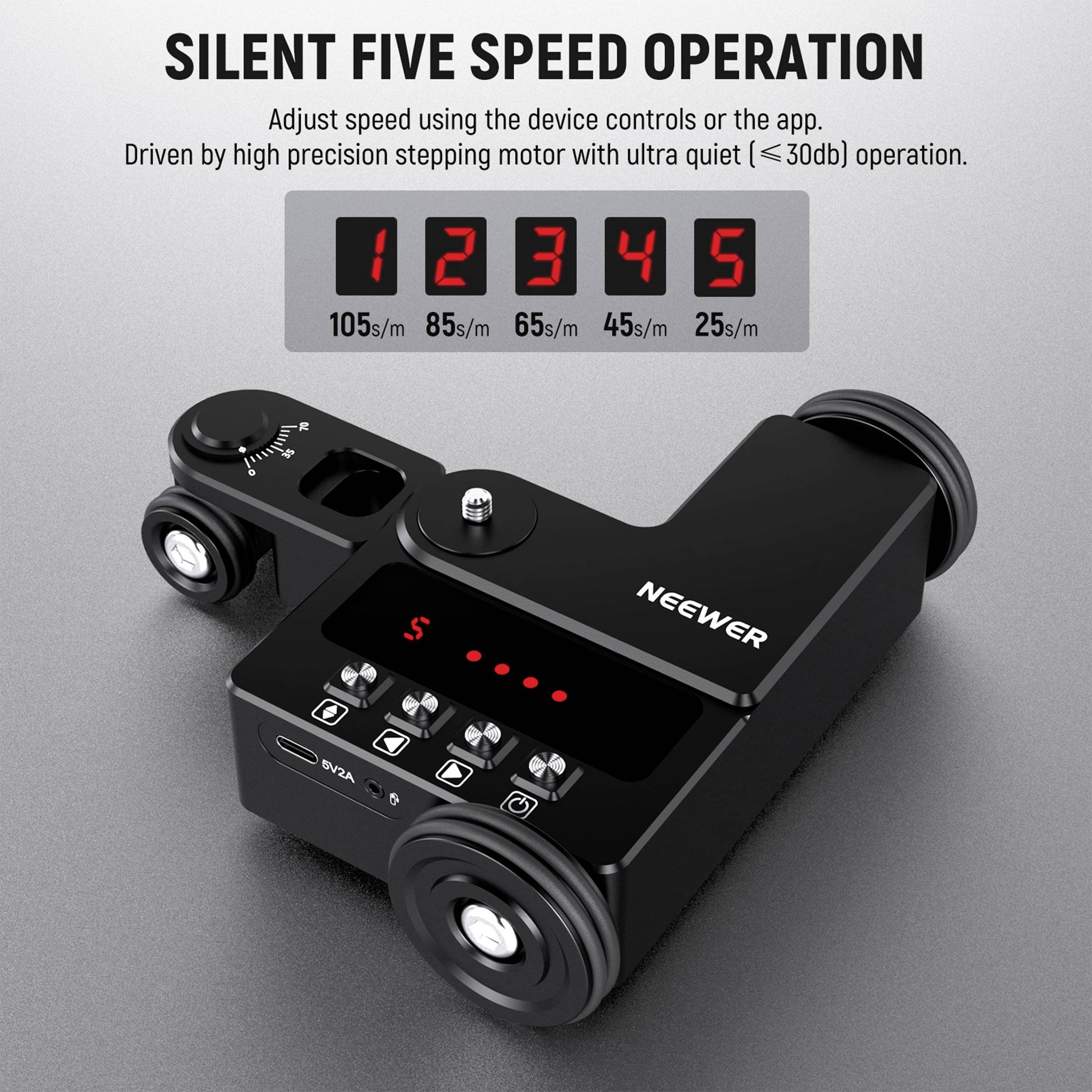 A black device with wheels and an LED display shows five speeds: 105/m, 85/m, 65/m, 45/m and 25/m. Text at the top: 'Silent Five Speed Operation'.