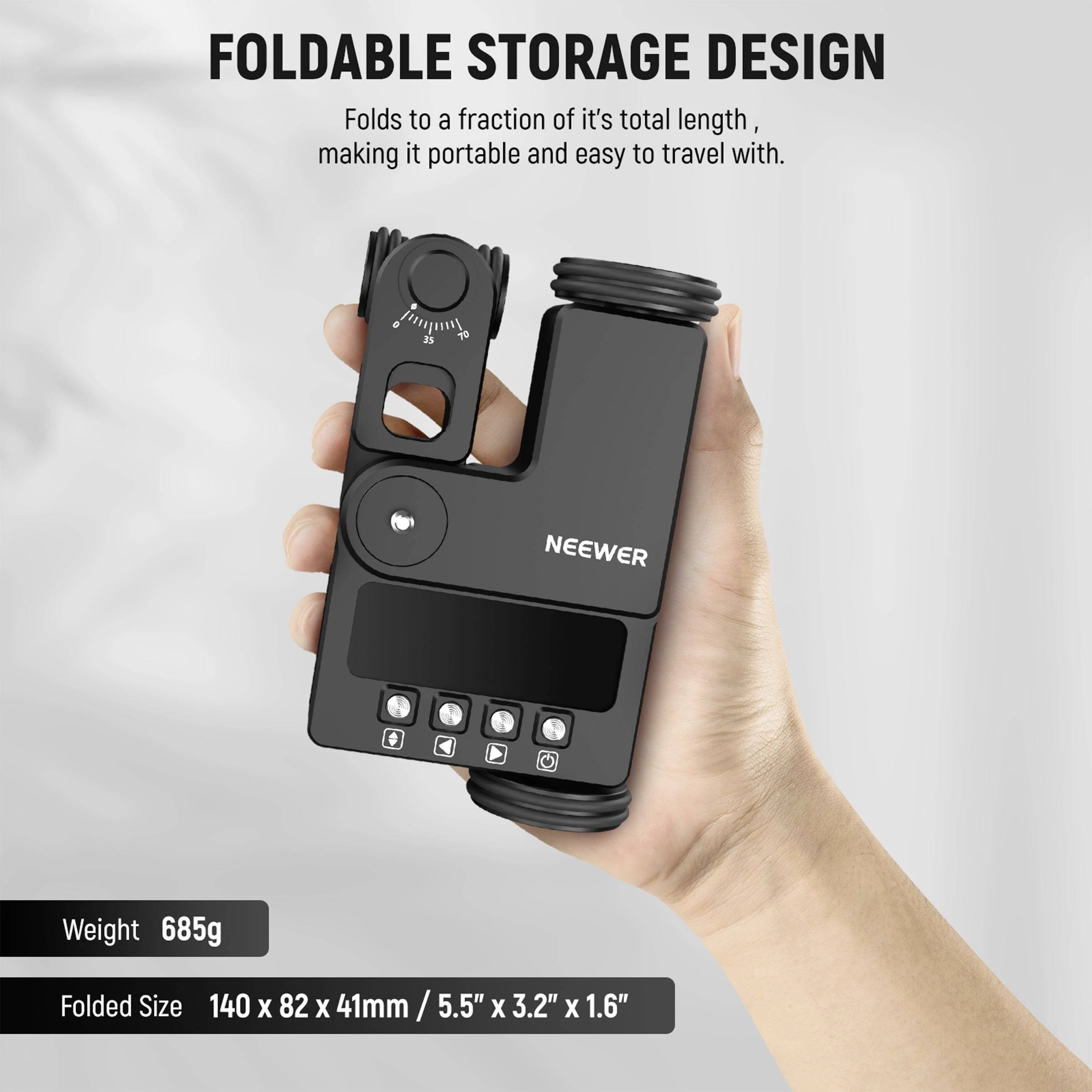 A hand is holding a foldable, black camera stabiliser by Neewer with a digital display. Text: 'Foldable Storage Design'.
