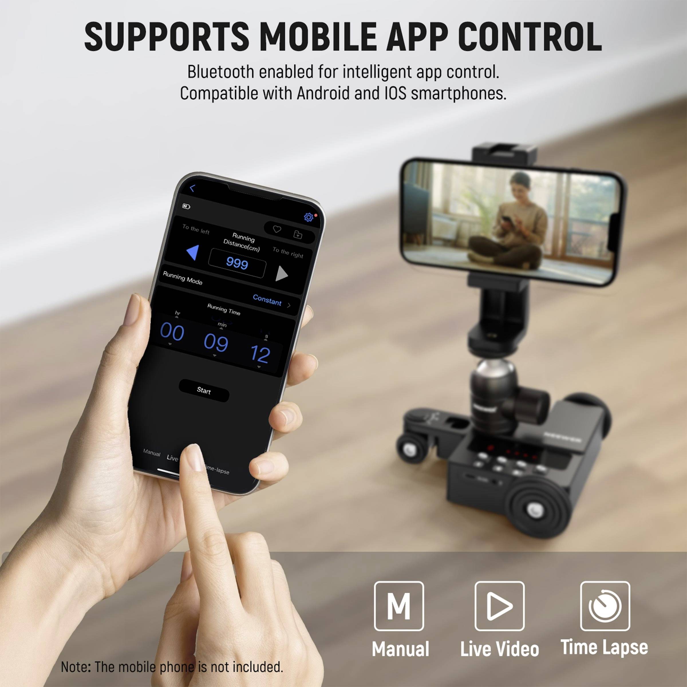 The image shows a hand holding a smartphone with an app to control a camera mounted on a tripod. The camera is displaying a video. Text at the top: 'Supports Control via Mobile App'. Below are icons: 'Manual', 'Live Video', 'Time-lapse'.