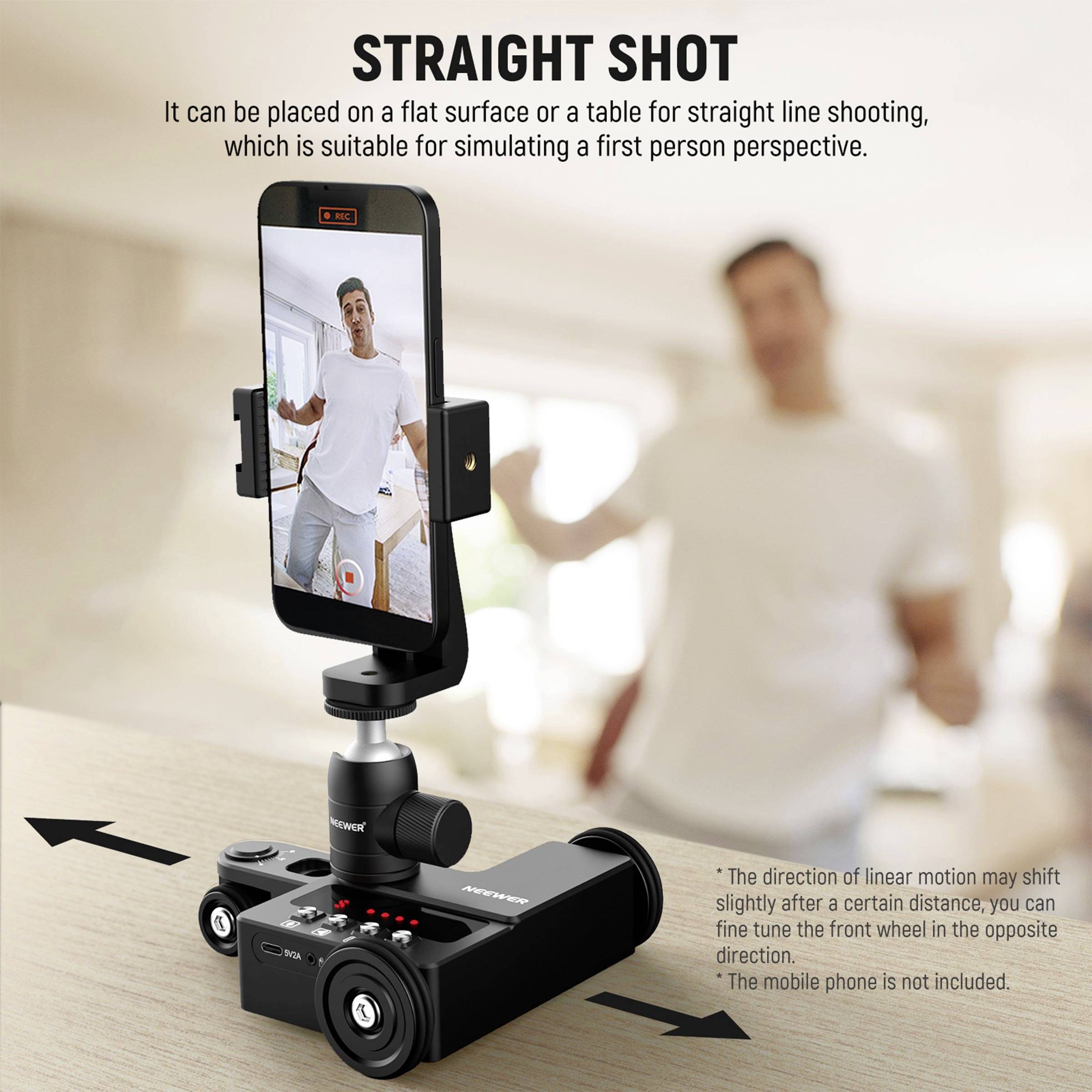A smartphone is mounted in a holder on a motorised slider. The display shows a man smiling. Text explains the function of the slider for smooth shots.