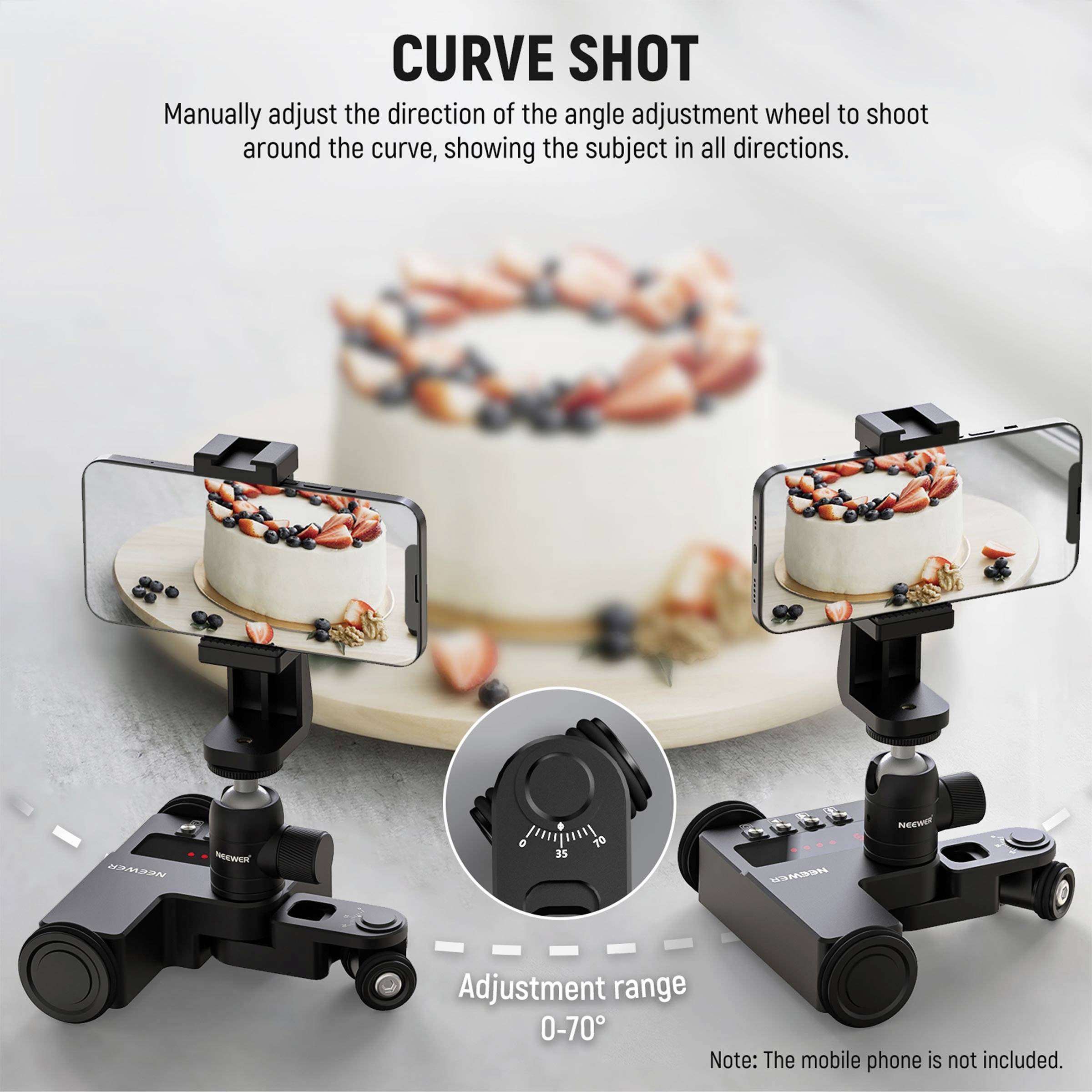 Smartphone holder with adjustable angle, enabling shots around corners. Shown with a cake in the image on a mobile phone.