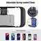 Adjustable stand with spring clip, silicone pads, and compatibility for smartphones with widths of 5.5-10 cm.