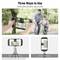 'A smartphone is secured in a clip. Two modes shown: Horizontal for wide shots, Vertical for tall shots. Father helps child on bicycle in the background.'