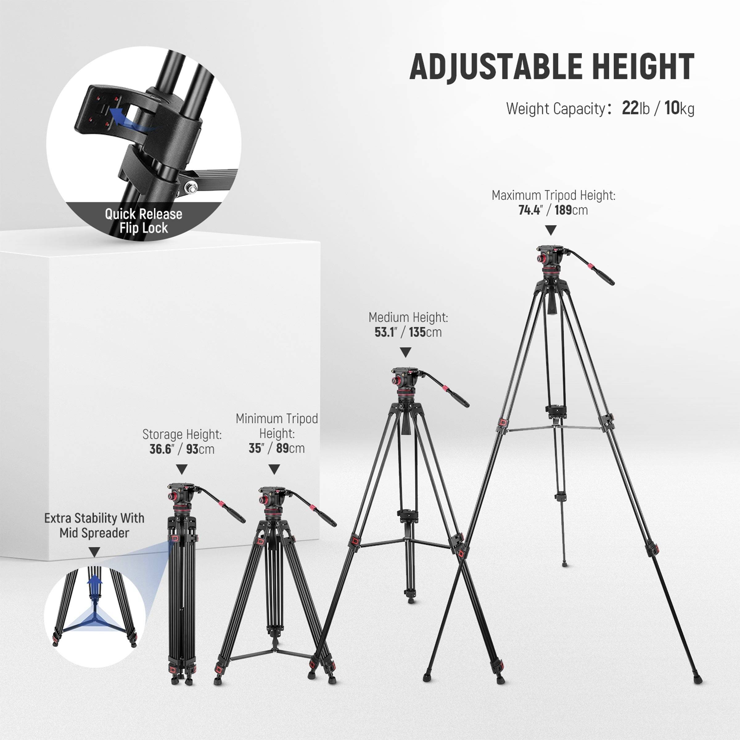 Adjustable Height Tripod, maximum height 189 cm, minimum height 135 cm, weight 10 kg. Includes quick-release clamp and centre column for stability.