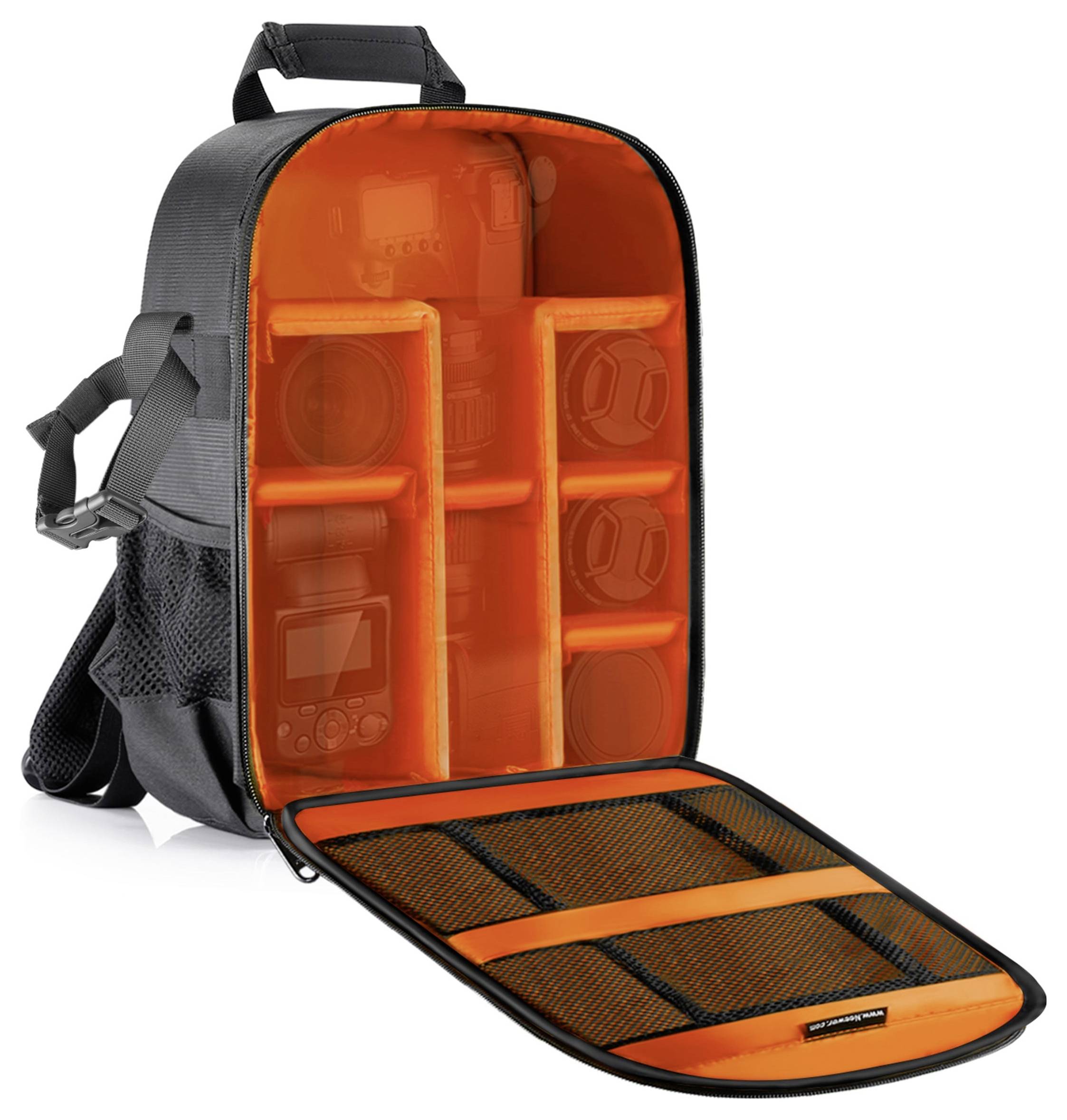 Camera backpack with open lid shows padded, orange interior compartment with multiple dividers for secure storage of camera equipment.