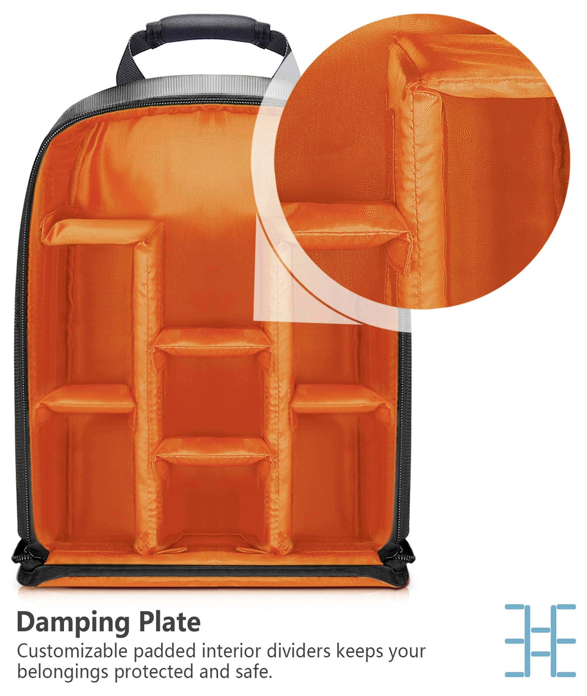 Padded internal dividers in an orange bag with handle; protects the contents. Enlarged view shows the connection of the padding.