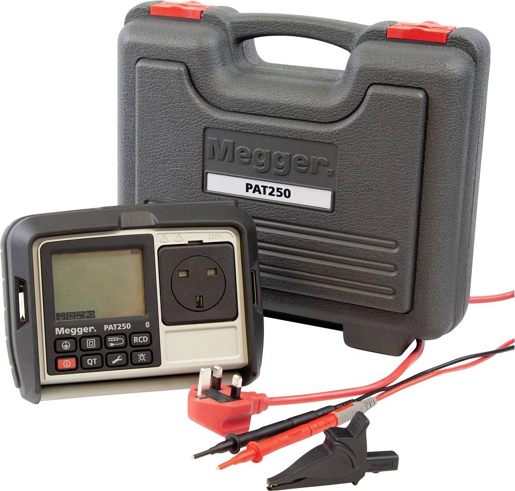 A portable testing device with cables and clips used for electrical safety checks. In the background, a grey case.