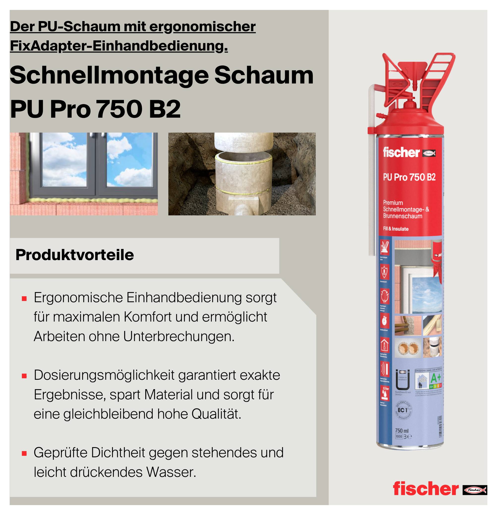 Advertisement for fischer Quick Assembly Foam PU Pro 750 B2 with Can, Application Images and Product Benefits such as One-Handed Operation and Sealing Performance.