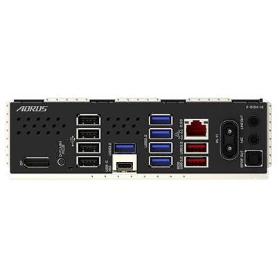 Rear view of a computer motherboard with various ports: USB, HDMI, LAN, audio and other interfaces.