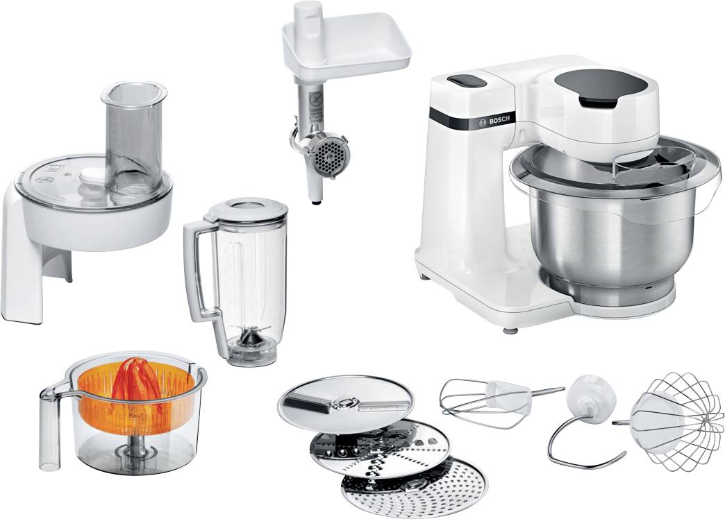 Kitchen Mixer with Accessories: Blender, Citrus Press, Meat Grinder, Whisk and Additional Removable Parts for Various Applications.