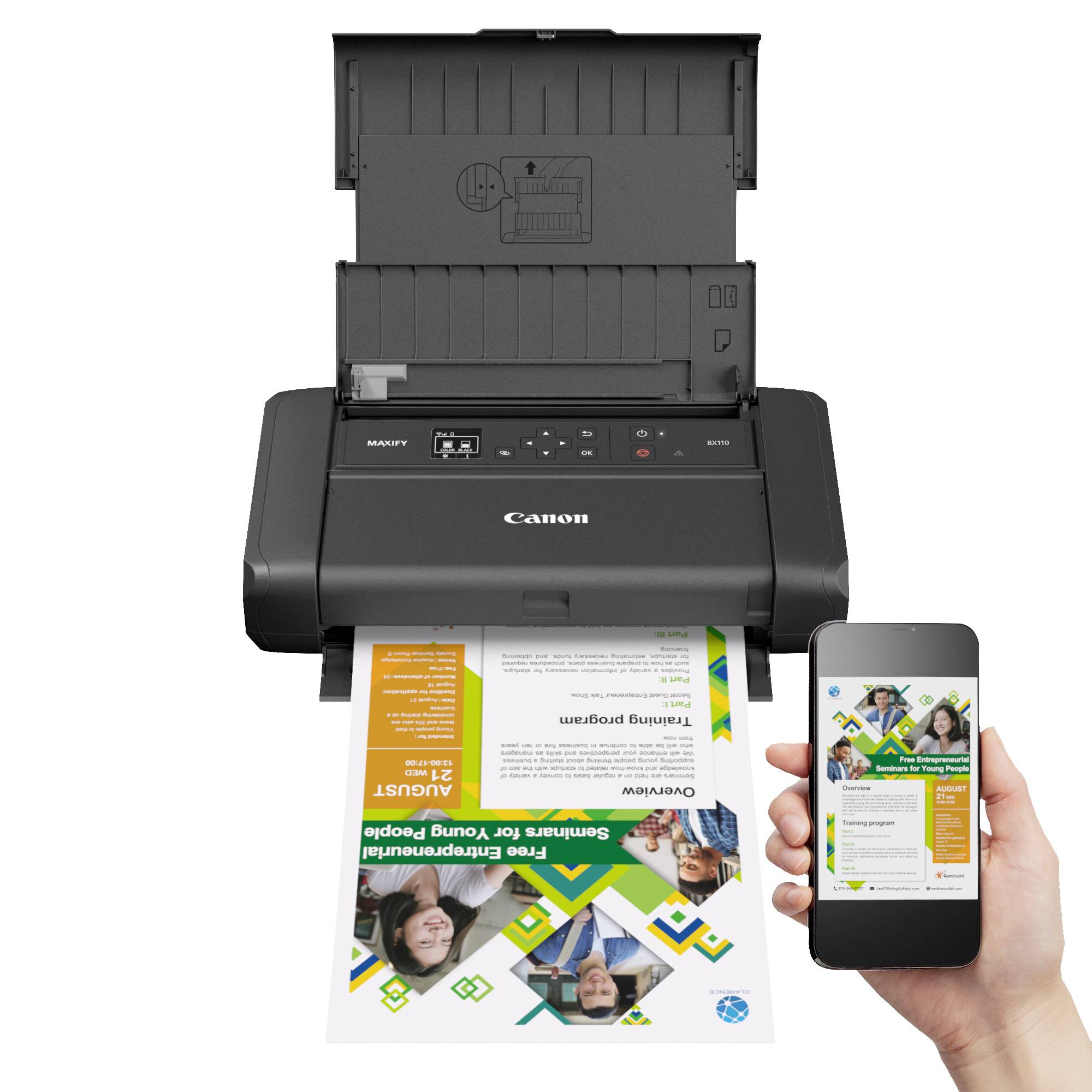 A printer is outputting a coloured document. Beside it, a hand is holding a smartphone displaying a print preview.