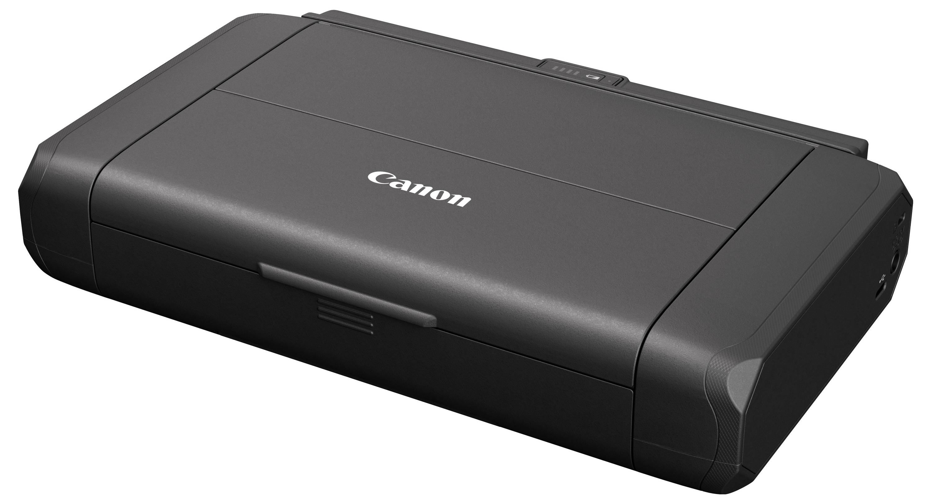 Portable black and grey printer on a white background.