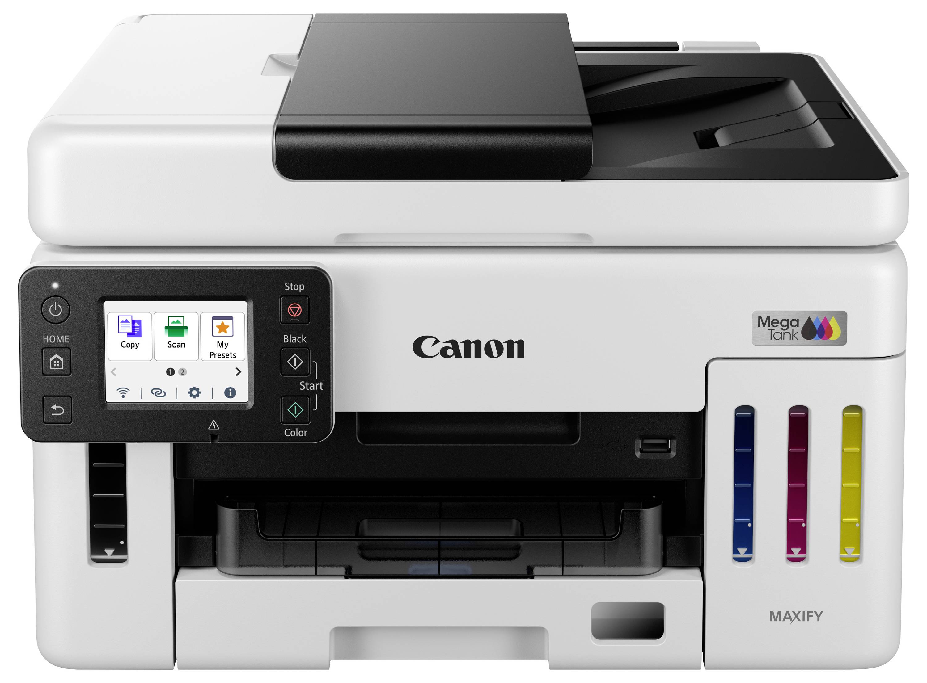 Multifunction printer, white, with display and ink tanks visible. Canon brand name. Touchscreen shows printing, scanning, and copying options.