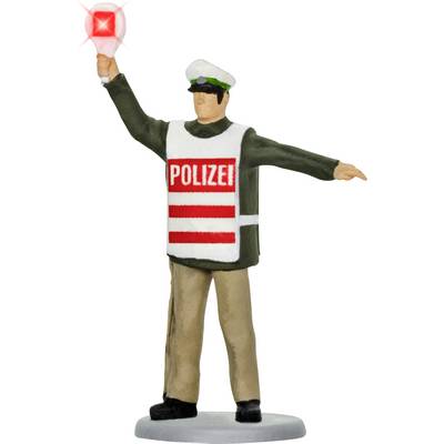 A figure of a police officer wearing a white cap and a vest with 'POLICE' written on it, holding a red sign in his hand.