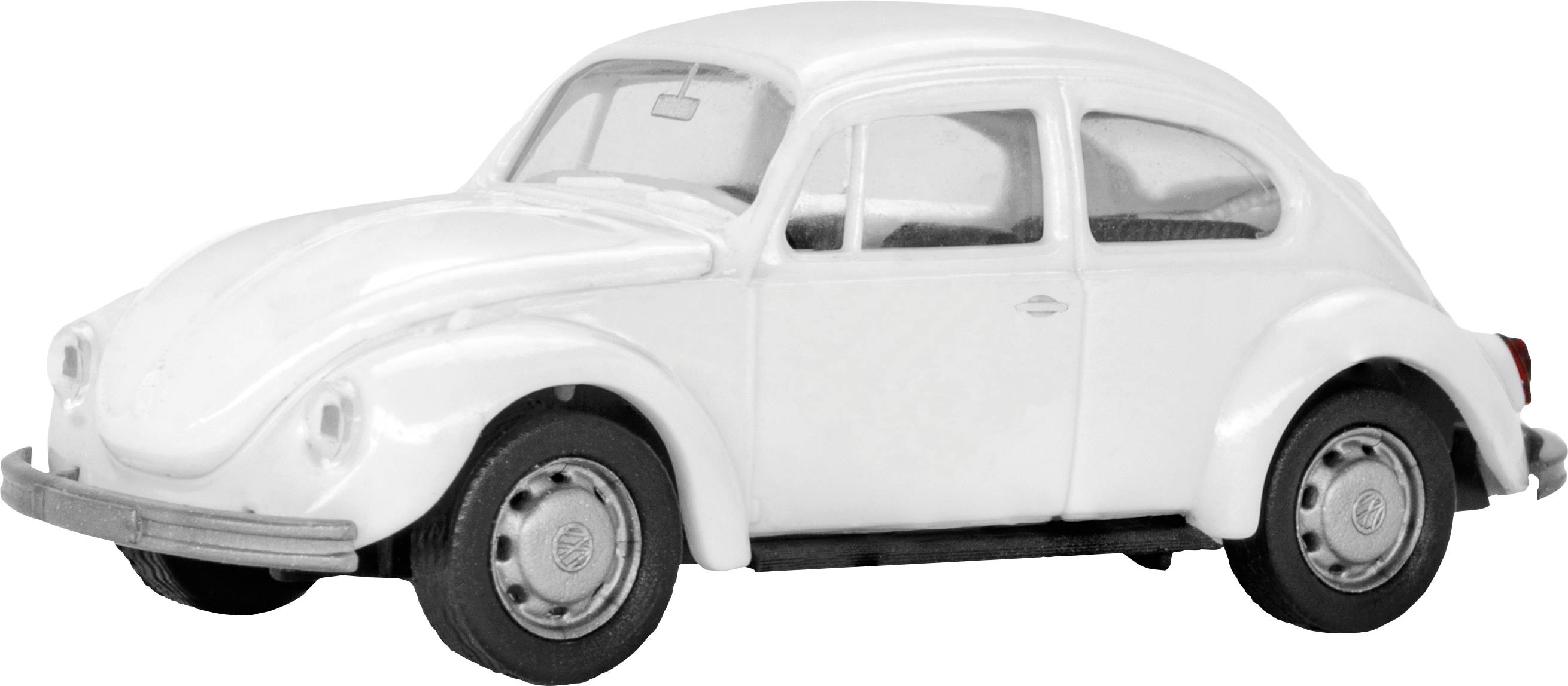 White model car of a classic VW Beetle, photographed from the side on the left.