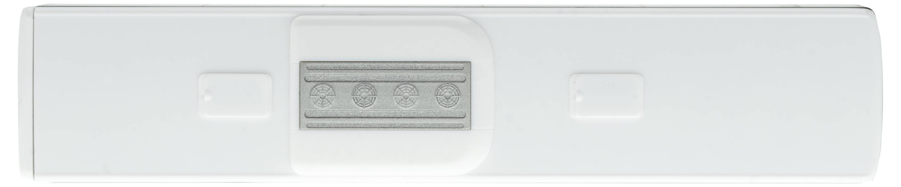 A pregnancy test strip with a result window in the centre. The window shows two lines, which indicates a positive result.