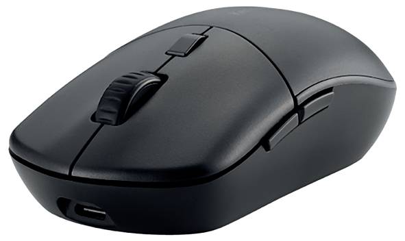 Black wireless computer mouse with scroll wheel and two side buttons, shown perspectively from front right.