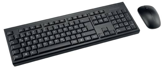 A black keyboard with a matching wireless mouse set. Ideal for office or home computer use.