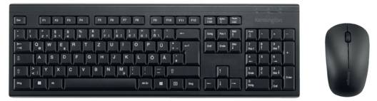 Black wireless keyboard and mouse set, classic design, full layout with numeric keypad, suitable for office work.