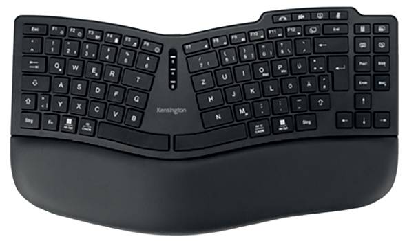 Ergonomic keyboard with a split design and padded wrist rest, providing comfort and reducing strain during typing.