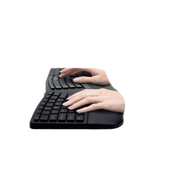 A person is typing on an ergonomic keyboard. Hands are positioned in a relaxed posture over the keys.