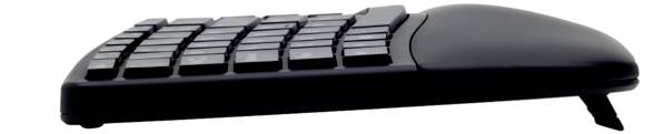 A black, wireless ergonomic computer keyboard with rounded corners, viewed from the side at an elevated angle.