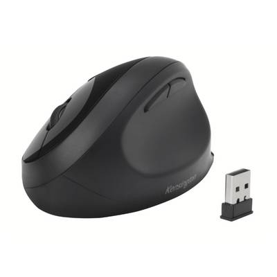 Wireless ergonomic mouse with USB receiver. Black, vertical design to reduce hand strain. Suitable for right- and left-handed users.