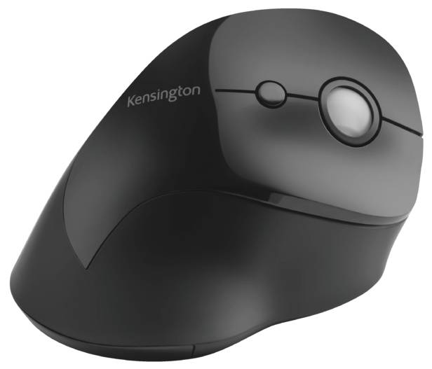 An ergonomic, wireless trackball mouse in black with a visible trackball and two buttons on the top surface.