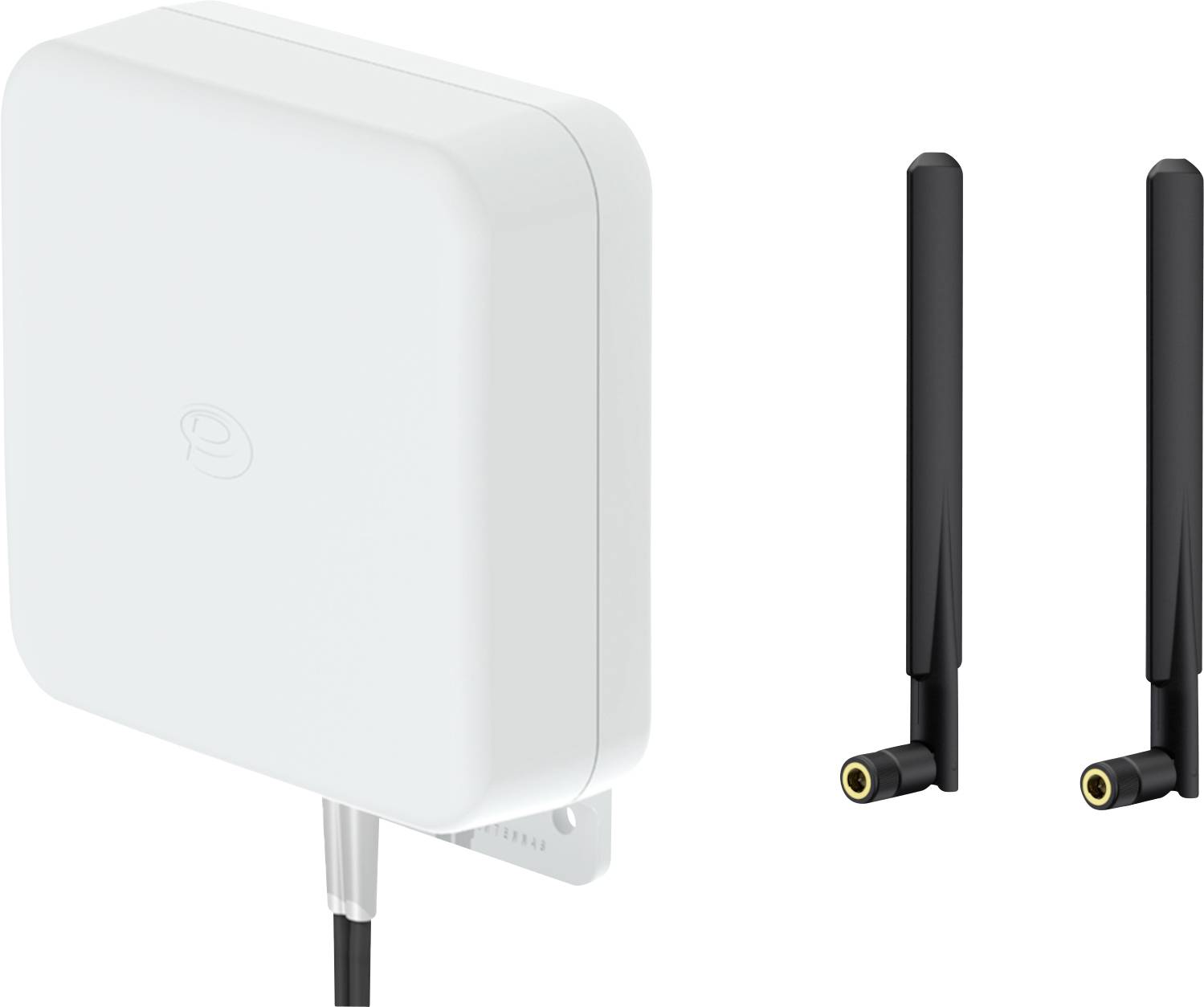 White, square, electronic device with cable, with two black antennas beside it.