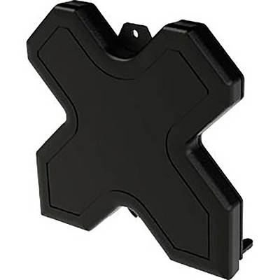 Black plastic component in X-shape with central hanging hole, profiled edges for stability. Usable as a connecting element.